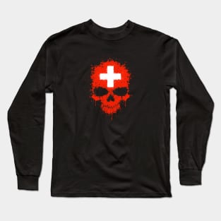 Chaotic Swiss Flag Splatter Skull Long Sleeve T-Shirt